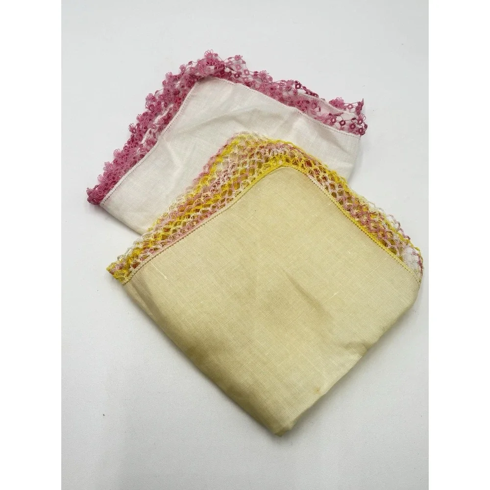 Vintage Linen Handkerchief Set 2 Tatting Lace Trim Pink Yellow Wedding Hankies